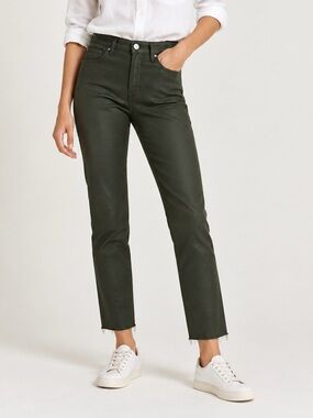 Frank & Eileen Cork Everyday Jeans Olive Green Sz 27 NWT Coated Denim Raw Hem
